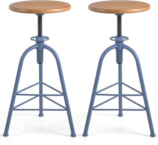 Industrial Bar Stools-Set of 2 24.4-28.3inch Counter Height Kitchen Stool-Modern Dinner Breakfast Chairs-Swivel Round Wooden Seat