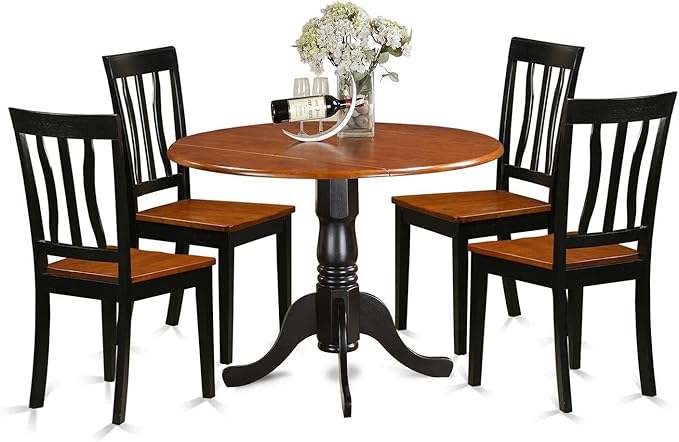 East West Furniture DLAN5-BCH-W 5 Piece Dinette Set for 4 Includes a Round Dining Table with Dropleaf and 4 Dining Room Chairs, 42x42 Inch, Black & Cherry