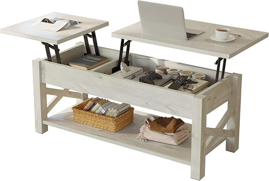 Rolanstar 47.2" Lift Top Coffee Table with Hidden Compartment, 2 Way Lift Top Coffee Table with Open Shelf & X Wooded Support, Farmhouse Center Table for Living Room, Grey