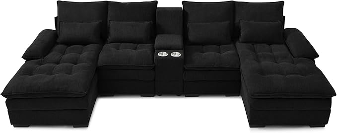 130" U-Shaped Sectional Sofa with Storage Console & Cup Holders, Upholstered 6 Seat Living Room Sleeper Couch Furniture Set w/Chaise, Cloud Cushion Couch for Home, Office, Apartment,Black