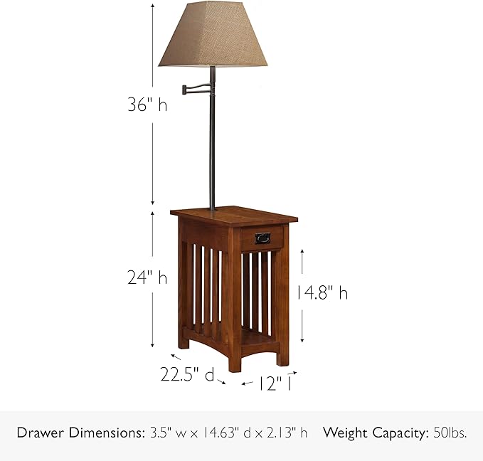 Leick Home Mission End Table, Solid Wood, Built-In-Lamp, 1 Drawer, Bottom Display Shelf, Slatted Sides, Easy-Assembly, Medium Oak, 22.5 in. L x 12.0 in. W x 60.0 in. H, 10028