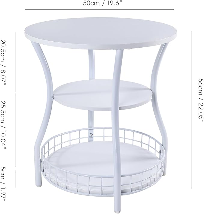 Round End Table, 3-Tier Side Table with Storage, Accent Corner Sofa Beside Table for Small Spaces,Steel Frame Nightstand for Living Room, Bedroom, Small Coffee Table,White