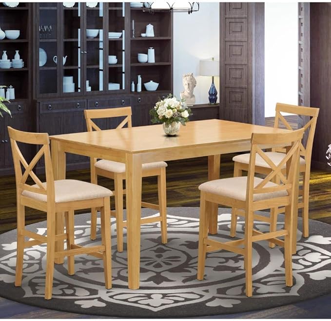 East West Furniture CAPU5H-OAK-C 5 Piece Kitchen Counter Height Dining Table Set Includes a Rectangle Dining Room Table and 4 Linen Fabric Upholstered Chairs, 36x60 Inch, Oak