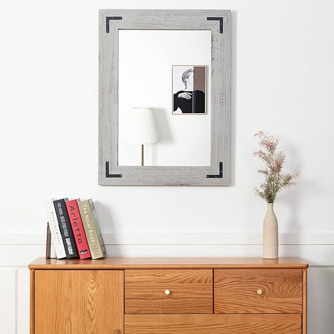 YOSHOOT Rustic Wooden Framed Wall Mirror, Natural Wood Bathroom Vanity Mirror for Farmhouse Decor, Vertical or Horizontal Hanging
