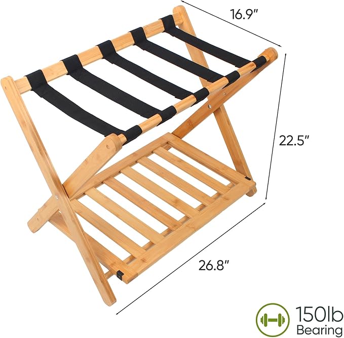 Fully Assembled Bamboo Luggage Rack, Heavy Duty Folding Suitcase Stand with Storage Shelf, Guest Room Essentials, Ideal for Bedroom, Hotel, Natural