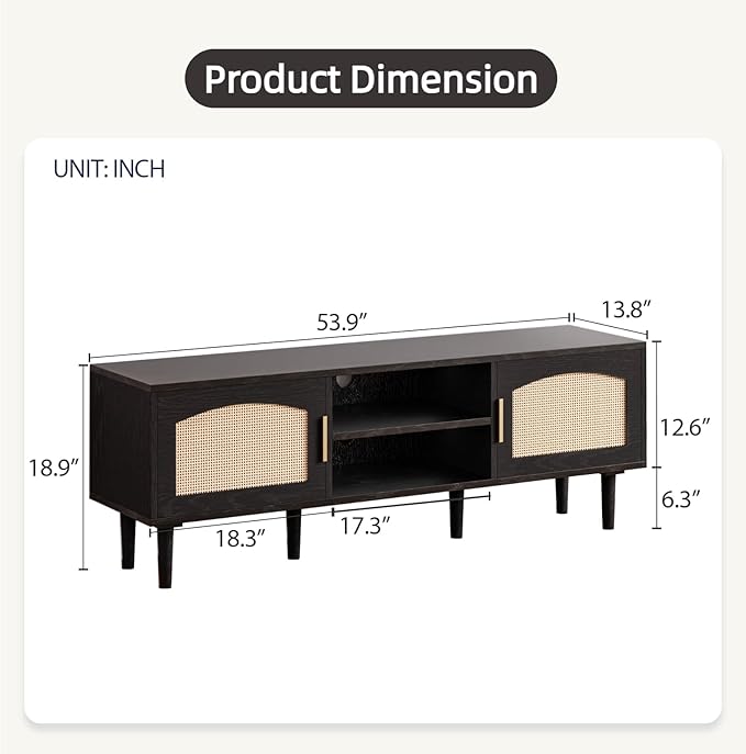 TV Stand for TVs up to 60", Modern Entertainment Center with 2 Rattan Doors, TV Cabinet with Solid Wood Legs & Golden Handles, TV Media Console Table for Living Room, Black & Wood