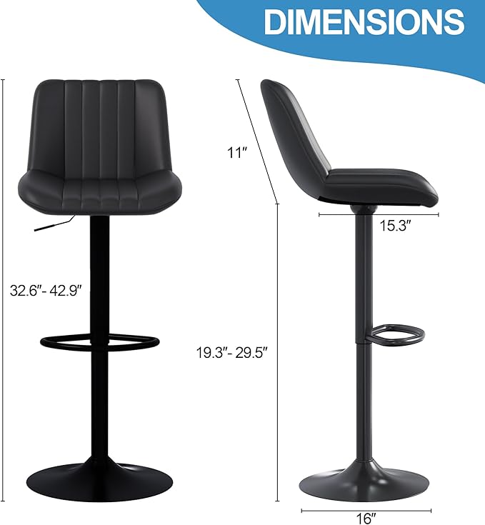Shintenchi Swivel Bar Stools Set of 2, Adjustable Faux Leather Upholstered Swivel Counter Stools, Armless Bar Height Island Chairs with Back and Footrest, Black
