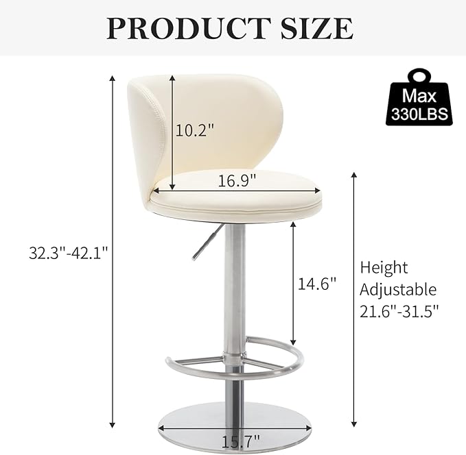 RAINMOOD Bar Stools, Adjustable Swivel Barstools with Back and Footrest, Faux Leather Upholstered, Stainless Steel Base, for Kitchen Counter, Bar, Dining Room