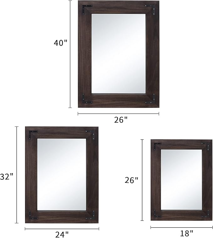 YOSHOOT Rustic Wooden Framed Wall Mirror, Natural Wood Bathroom Vanity Mirror for Farmhouse Decor, Vertical or Horizontal Hanging, 32" x 24",Black
