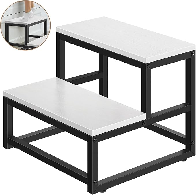 Wood and Metal 2 Step Stool for Adults & Kids – Heavy Duty Rustic Step Stools, 500 Lbs Capacity Non-Slip Stepping Stool for High Beds, Kitchen, Bathroom, Closet, Durable Foot Stool for Home Use,White