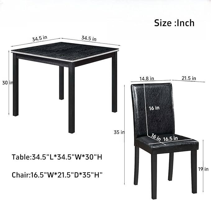 Dining Table Sets, 5-Piece Kitchen Table & Chair Sets with Square Crystal Decoration Table & 4 PU Upholstered Chairs,Wooden Dining Table Set for Dining Room,Black