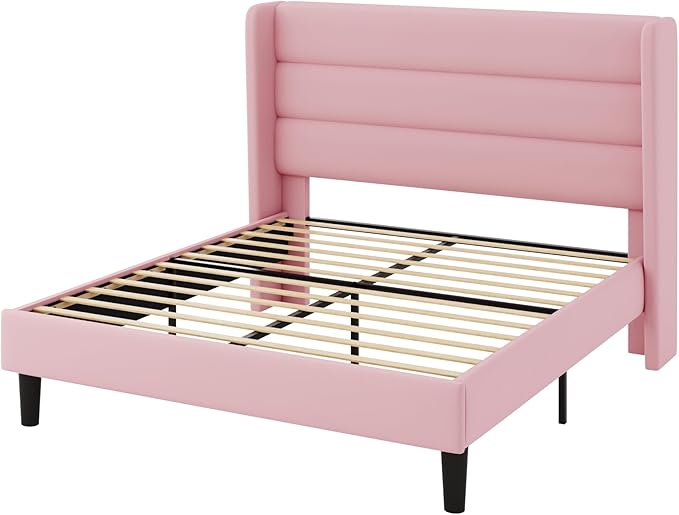 Allewie Full Size Platform Bed Frame with Velvet Upholstered Wingback Headboard, No Box Spring Needed, Under Bed Storage Space, Strong Wooden Slats, Modern Mattress Foundation, Easy Assembly, Pink