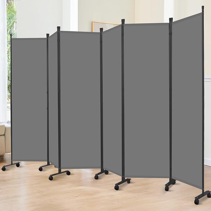 Room Divider 6FT Room Partition with Lockable Wheels, 6 Panel (Thicked Metal Base) Room Dividers, Freestanding Indoor Folding Privacy Screens, Portable Fabric Wall Divider for Room Separation, Grey
