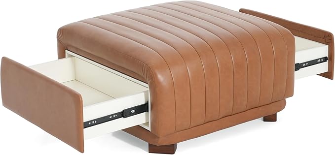 Christopher Knight Home Reyno Upholstered Ottoman with Storage for Living Room, Faux Leather Storage Ottoman Foot Rest with Side Drawers, Modern Square Coffee Table with Wooden Frame, Brown