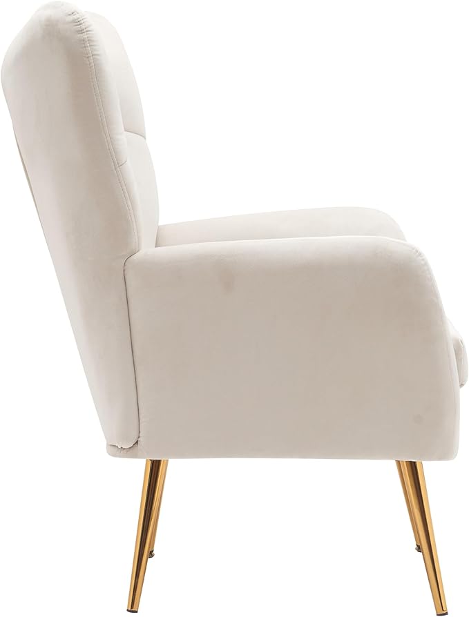 Container Furniture Direct Modern Chic Mid-Century Velvet Accent Armchair for Living Room, Bedroom, or Home Office, Button-Tufted Wingback Design with Gold Flared Legs, Ivory
