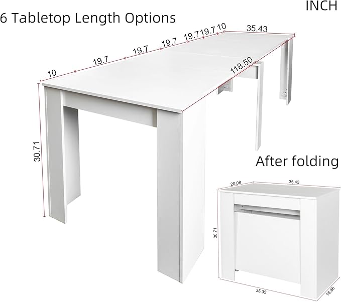 KEIKI 20"-118.5" L Extendable Foldable Dining Room Table for 1-10 People, Wood Multifunctional Rectangle Expandable Console Kitchen Living Meeting Room Furniture, 6 Tabletop Length Options, White