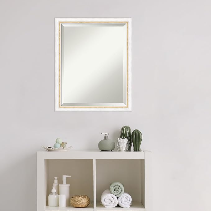 Amanti Art White Bathroom Mirror for Over Sink, 22x18 Morgan White Gold Rectangle Vanity Mirror, Small Modern Contemporary Wood Frame, Hangs Horizonally and Vertically, Bathroom Wall Decor, Beveled