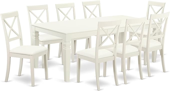 East West Furniture LGBO9-LWH-LC 9 Piece Kitchen Table Set Includes a Rectangle Dining Table with Butterfly Leaf and 8 Faux Leather Dining Room Chairs, 42x84 Inch, Linen White