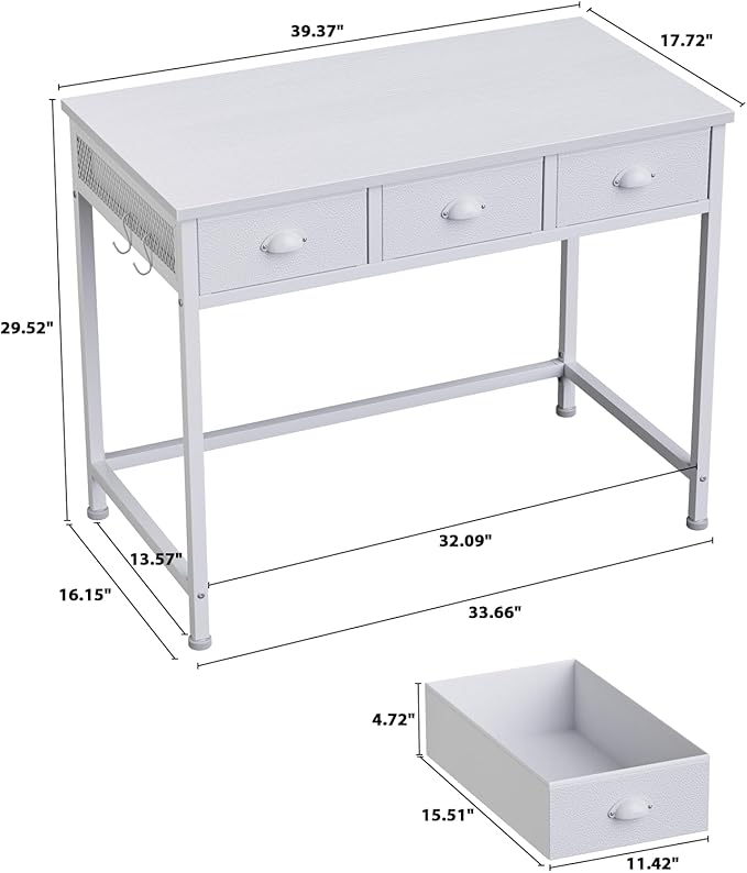 Furologee White Small Computer Desk with 3 Fabric Drawers,40 Inch Simple Table Home Office Writing,Vanity Desk with Hooks, Study Desk for Bedroom Small Spaces
