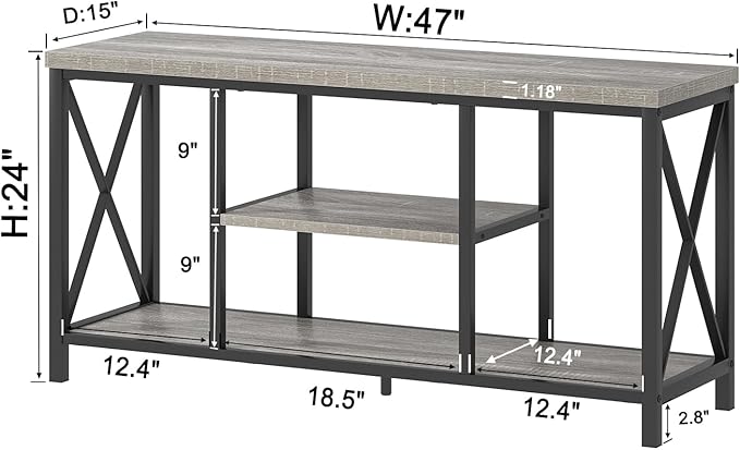 FOLUBAN Modern TV Stand for TVs up to 55 Inch, Rustic Wood Entertainment Center with Storage Shelves, Industrial Media TV Console and TV Table for Living Room Bedroom, 47 Inch Light Grey