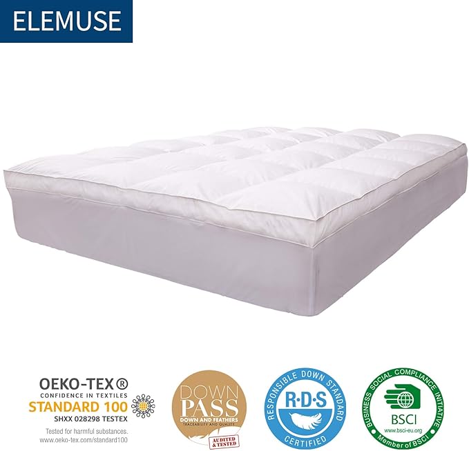 ELEMUSE Twin XL Size Fusion Goose Down Featherbed Mattress Topper for College Dorm, Thick and Fluffy Double Layer Pillowtop Mattress Pad, with 8-21 Inch Deep Pocket