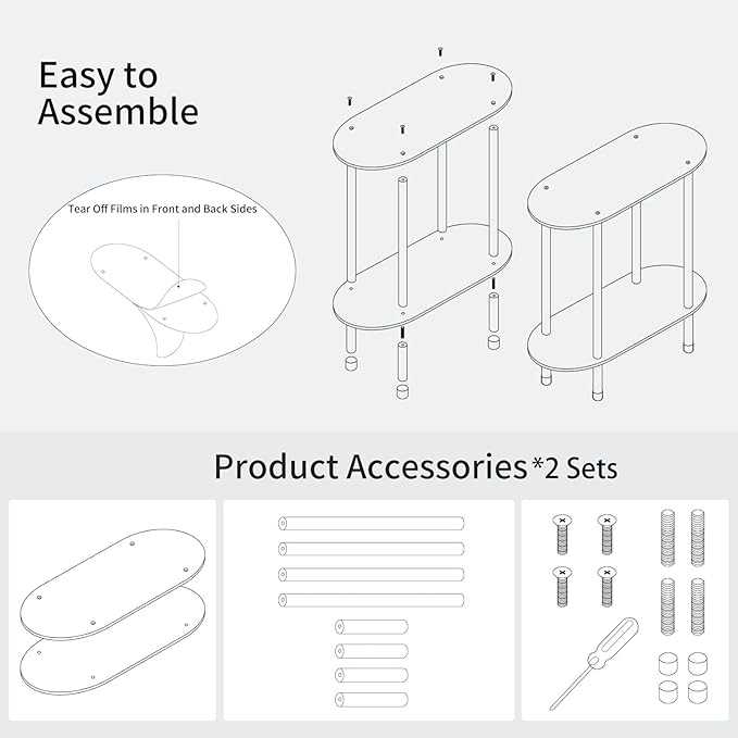Clear Acrylic Narrow Side Table Set of 2 for Small Spaces, 15.75" L x 7.87" W x 19.82" H, 2 Tier Oval Slim End Table Nightstand, Small Skinny Bedside Table for Bedroom, Bathroom, Living Room