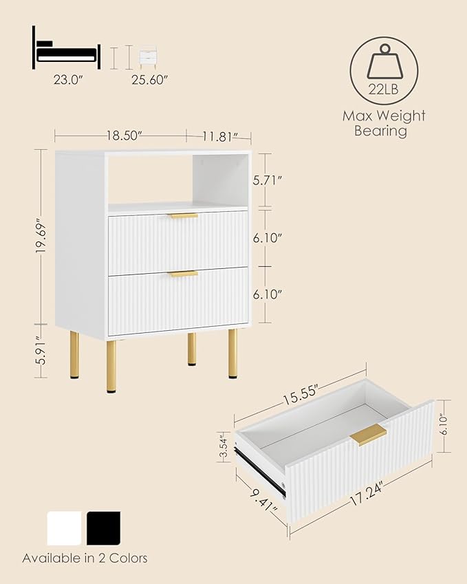 Night Stand,Tall Bedside Table with 3Storage Drawers,White Nightstand,Bedside Furniture,Side Table with Gold Frame,End Table for Bedroom,Living Room (Modern-2drawers 1shelf, White)