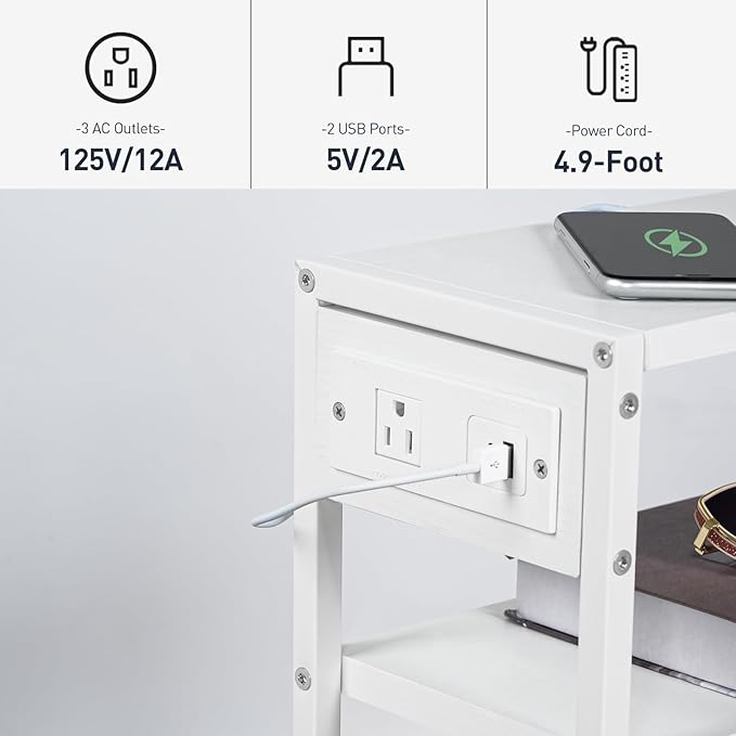 HOOBRO Small Narrow Side Table with Charging Station, Skinny End Table for Small Spaces, Slim Nightstand with USB Ports Outlet, Sofa Beside Table with Storage Shelf, White WT102UBZ01