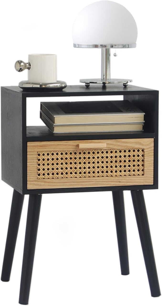 MaxSmeo End Table with Storage Mid Century Nightstand with Rattan Drawer and Shelf, Wood Small Side Coffee Table for Small Space, Living Room and Bedroom, Easy Assembly (Black)