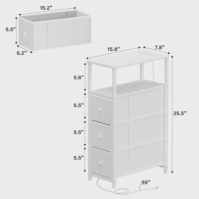 TUTOTAK Narrow LED Night Stand with Charging Station, Slim End Table with Plugins, Tall Side Table with 3 Fabric Drawer, Small Bedside Table with Storage, for Living Room, White TB01BW086L