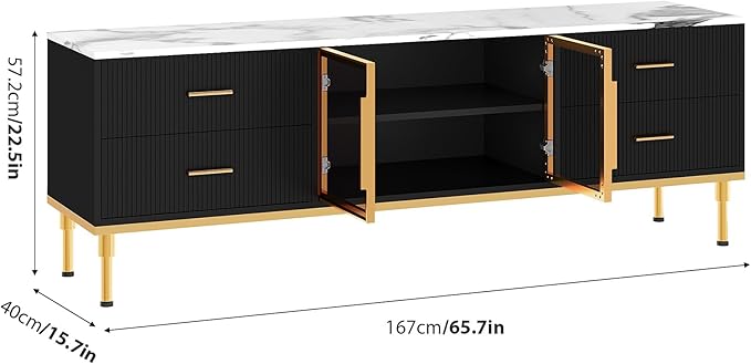 Garvee LED Lighted TV Stand for 55-75" TVs, Modern Entertainment Center with Drawers & Shelves, Glass Doors Living Room Furniture, Black