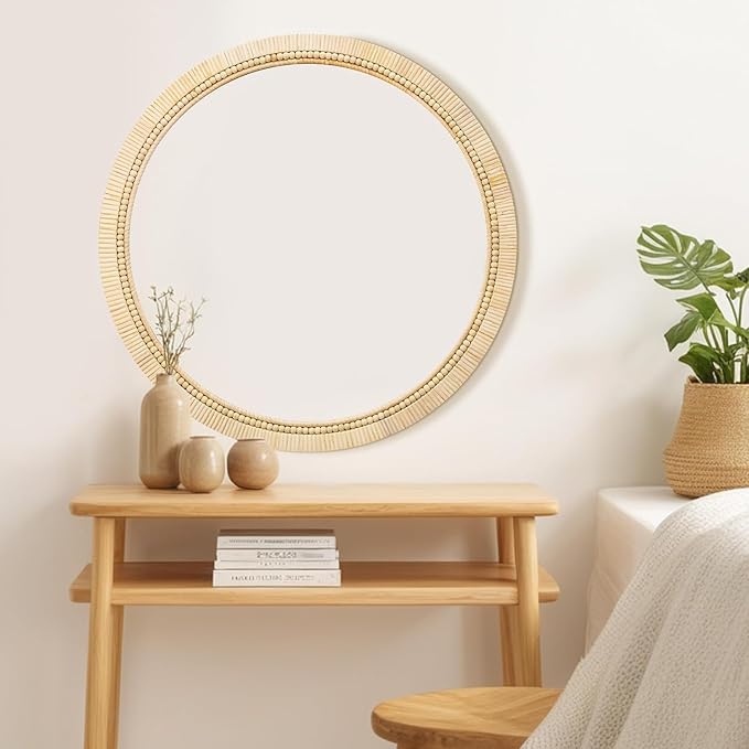 ULIKE Round Rattan Mirror, Bathroom 30 Inch Rustic Farmhouse Wall Decor with Handmade Wicker Frame, Boho Mirror for Nursery Bedroom Living Room Entryway