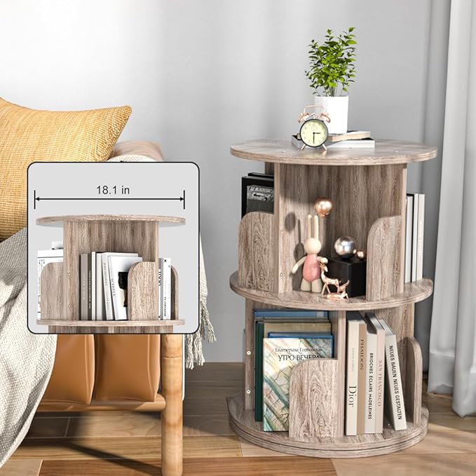 Nidouillet Small Rotating Bookshelf, 2 Tier Revolving Bookcase 360° Display Round Bookshelf Narrow Swivel Corner Book Shelf Standing Bookcase Adult Bedroom