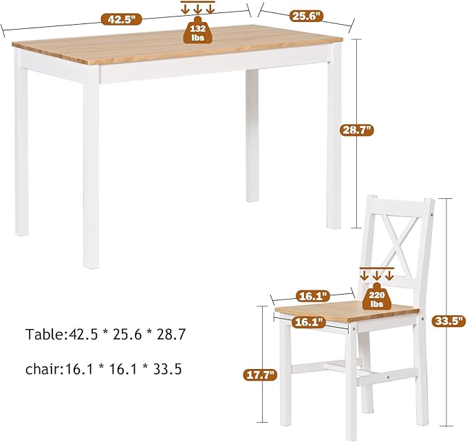 soges Dining Table Set for 4, 42.5 inch Pine Wood Dining Room Table with 4 Chairs, 5-Piece Kitchen Table Chairs Set for Small Space, Apartment, Dinette, Breakfast, White & Oak