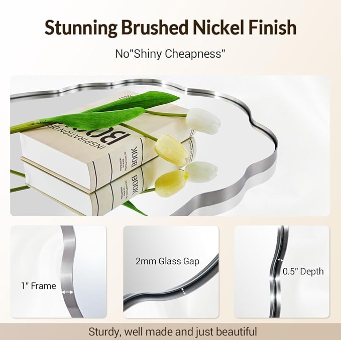 ANDY STAR Brushed Nickel Bathroom Mirror, 24x36 Inch Silver Asymmetrical Wall Mirror, Oval Bathroom Vanity Mirror, Unique Irregular Wall Mirror with Sophisticated Curved Design