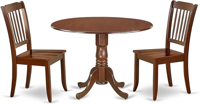 East West Furniture DLDA3-MAH-W 3 Piece Kitchen Table Set for Small Spaces Contains a Round Dining Table with Dropleaf and 2 Dining Room Chairs, 42x42 Inch, Mahogany