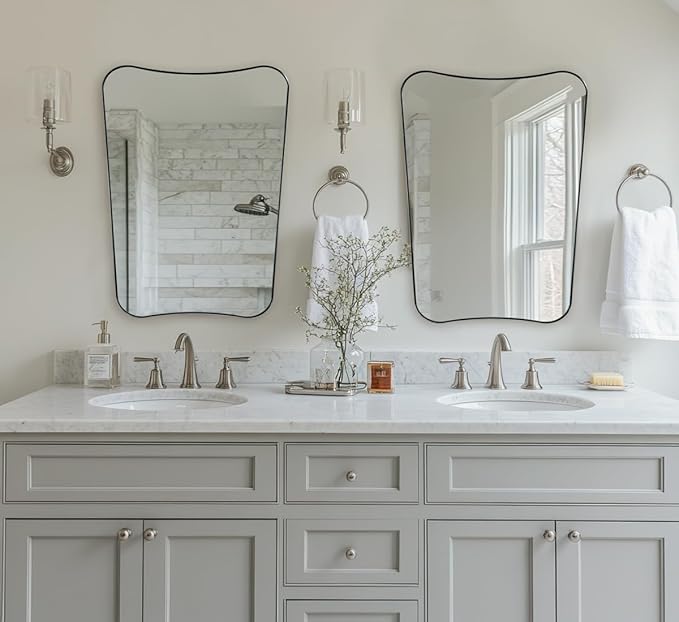 ANDY STAR Brushed Nickel Mirror, 24x32 Inch Bathroom Scalloped Mirror, Anti-Rust Stainless Steel Metal 1’’ Frame, Unique Frame Design Ideal for Bathroom, Entryway, Powder Room