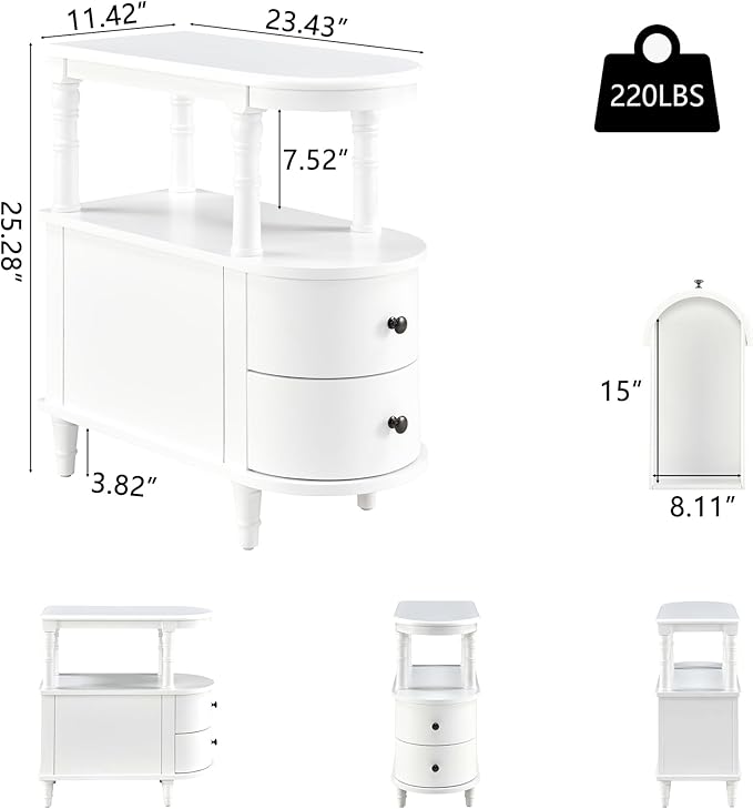2 Set of Wood End Table with 2 Drawers and Storage Shelf, Narrow Sofa Side Table for Living Room, Vintage Slim Nightstand Bedside Table for Bedroom, Slim Chair Side Table White BGA508WT