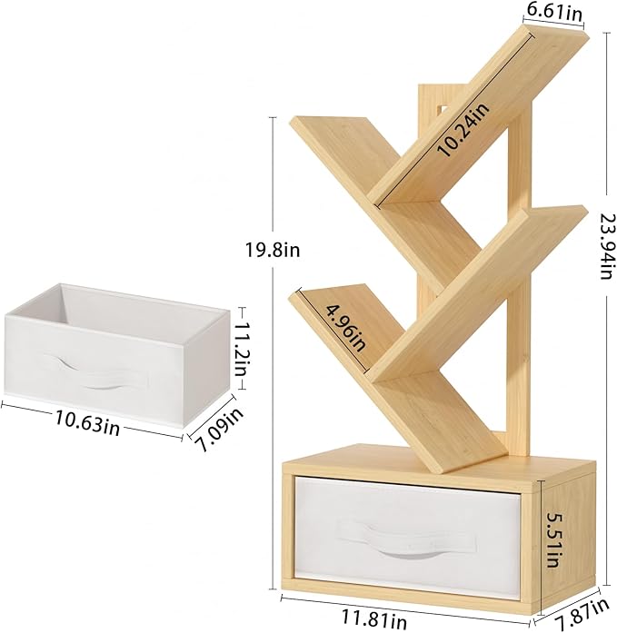 Small Book Shelf with Drawer,4 Tier Black Tree Bookshelf,Wooden Desktop Bookcase,Modern Desk Display Storage Bookshelves,Floor Standing Organizer Bookcases for Living Room,Bedroom,Office