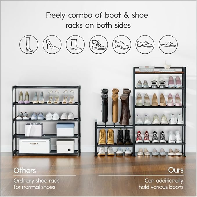 Shoe Rack Organizer and Storage - 5 Tier Metal Shoe Rack with Boot Storage & Side Any Combination - Space Saving Shoe Shelf for Entryway, Bedroom, Closet, Garage, Small Spaces