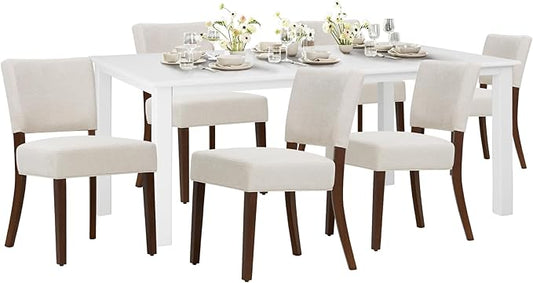 COLAMY 60 Inch Rectangular Kitchen Dining Table for 6, Modern Farmhouse Dining Table Set for 6, Wood Dining Table and Kitchen Dining Chairs for Dining Room, Restaurant, White/Beige