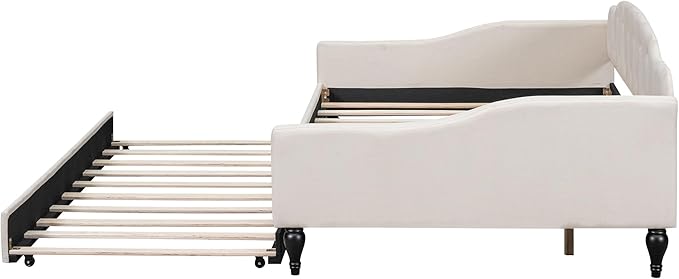 Full Size Linen Upholstered Tufted Daybed with Twin Size Trundle,Sofa Bed,No Box Spring Needed, Furniture for Bedroom Living Room Guest Room,Beige