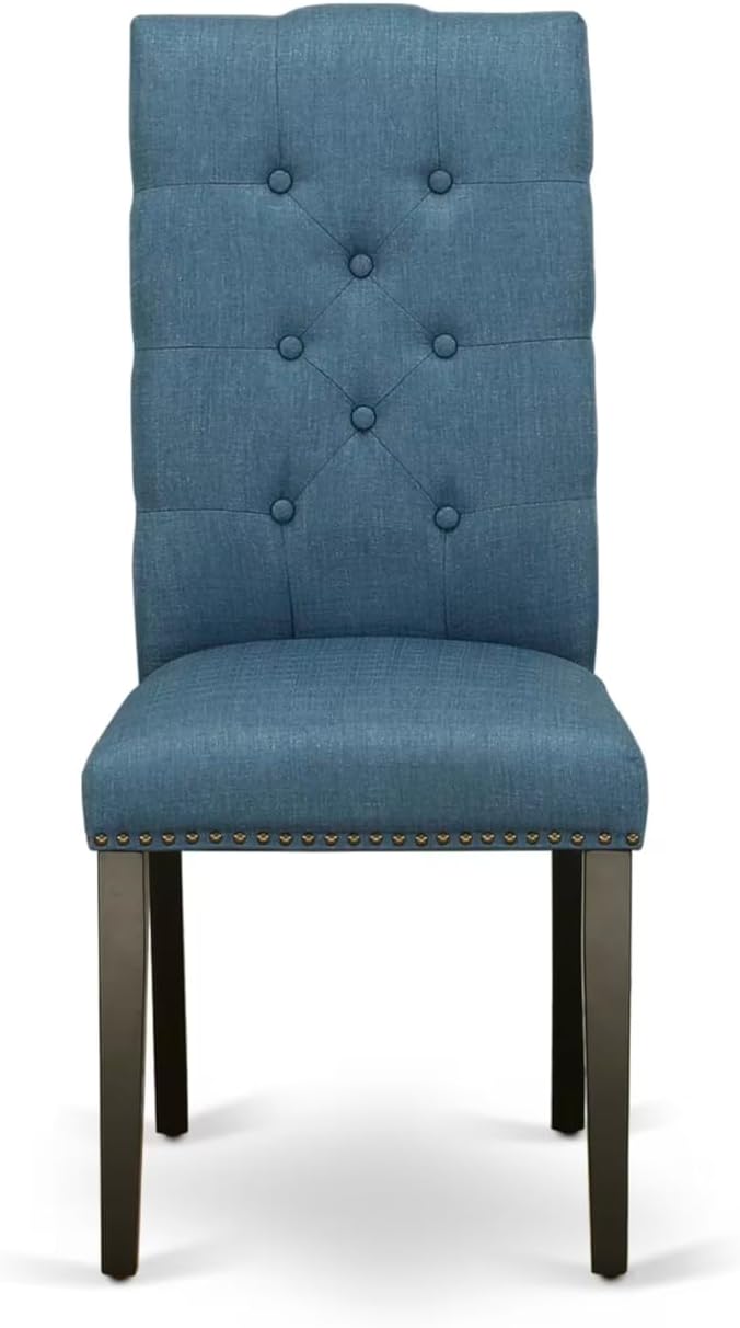 East West Furniture V697EL121-9 9 Piece Dining Room Table Set Includes a Rectangle Kitchen Table with V-Legs and 8 Blue Linen Fabric Parson Dining Chairs, 40x72 Inch, Multi-Color