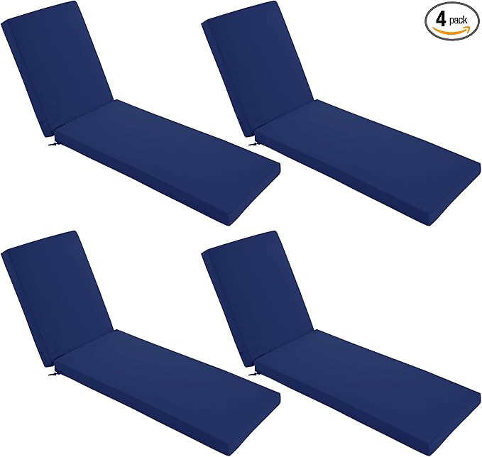 Chaise Lounge Cushions Outdoor Set of 4 - Waterproof and Fade Resistant Sun Lounger Replacement Cushions - Patio Lounger Pads with Removable Cover for Pool, Deck, 80 x 26 x 3 Inch, Navy