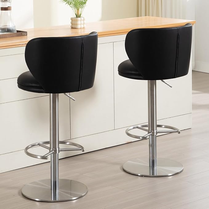 Stainless Steel Bar Stools,Grade Modern Leather Bar Chair with Backrest,Swivel Adjustable Height for Kitchen Counter and Dining Room (Black Leather-1pc)