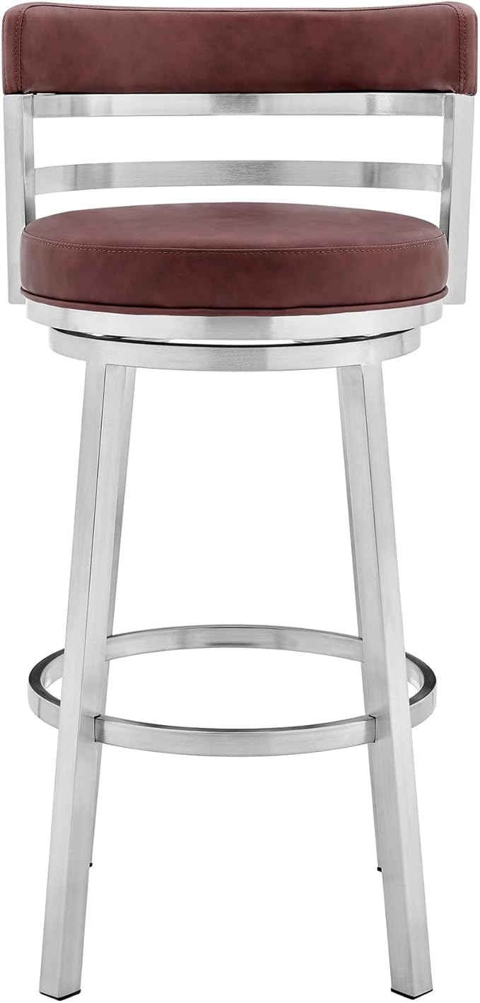 Armen Living Titana 26" Counter Height Swivel Red Faux Leather and Brushed Stainless Steel Bar Stool