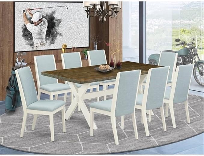East West Furniture X077LA015-9 9 Piece Kitchen Table & Chairs Set Includes a Rectangle Dining Room Table and 8 Baby Blue Linen Fabric Upholstered Chairs, 40x72 Inch, Multi-Color