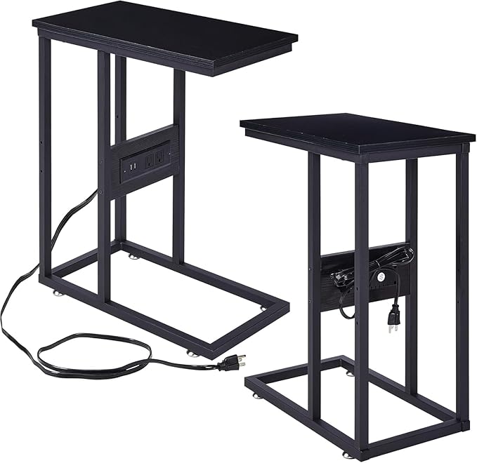 VECELO C Shaped End Side Table with Charging Station & Power Outlets for Couch Sofa/Bed, Snack TV Tray with Metal Frame for Living Room Bedroom 2 Set, Black