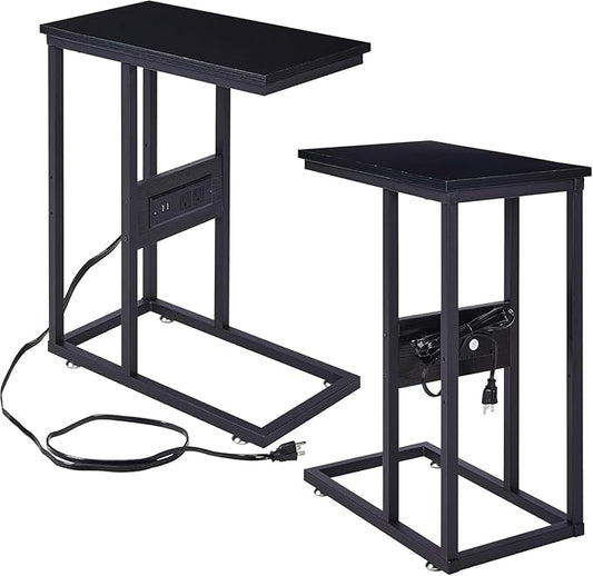 VECELO C Shaped End Side Table with Charging Station & Power Outlets for Couch Sofa/Bed, Snack TV Tray with Metal Frame for Living Room Bedroom 2 Set, Black