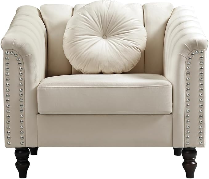 Accent Chair, Single Couch Chair with Style Button Tufted, Scroll Arms and Nailhead for Living Room, Office, Apartment, White